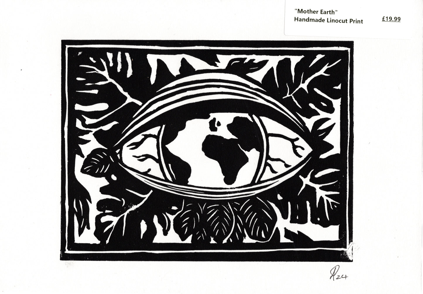 Handprinted Mother Earth Lino print - A4