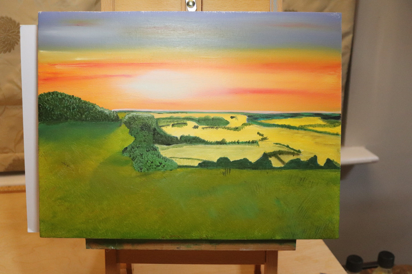 Stunning Sunset Over Farthing Common An Original Art Oil Painting On Canvas.