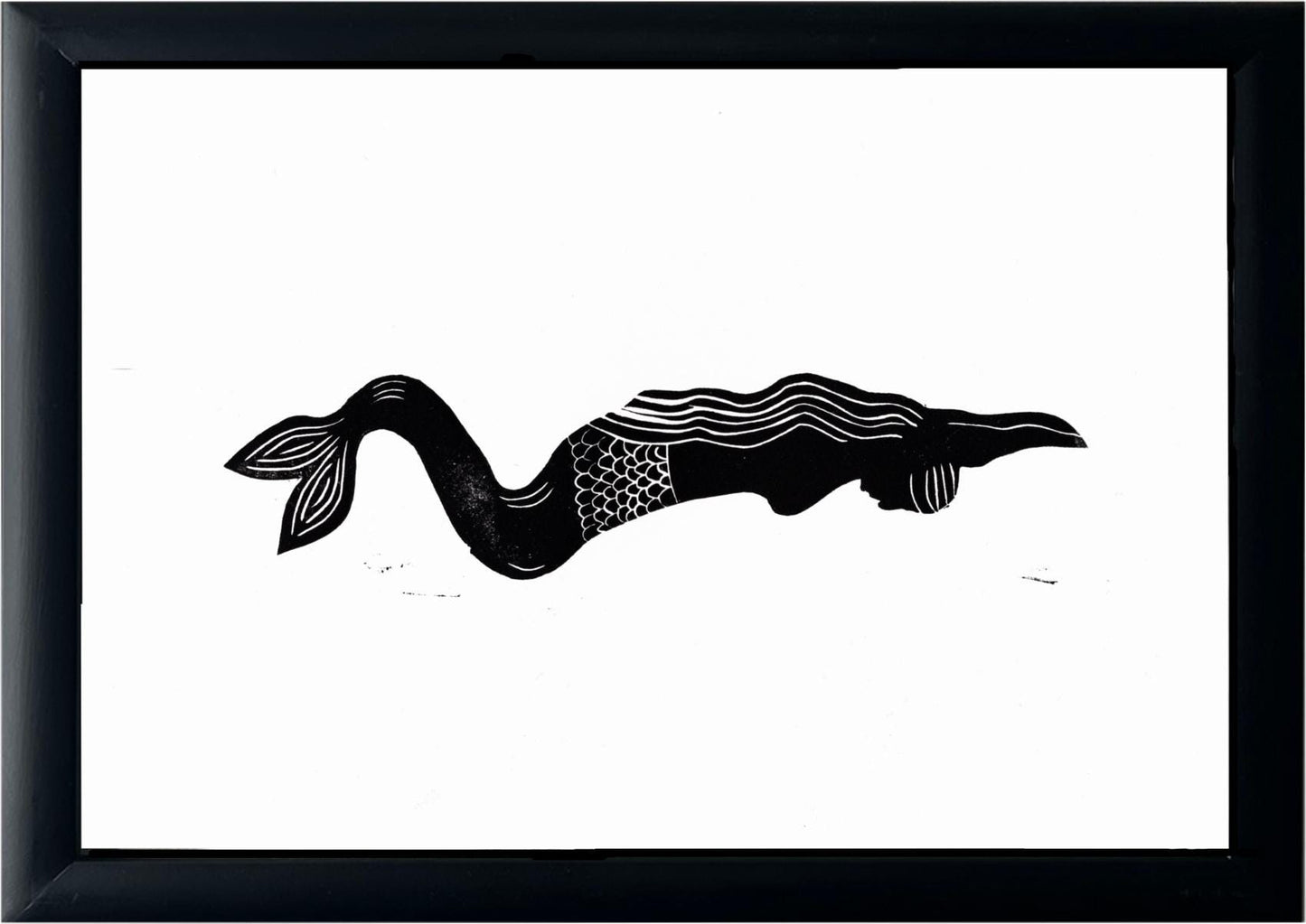Mermaid Print - Handmade Linocut - Black - Original Handprinted design linocut print.