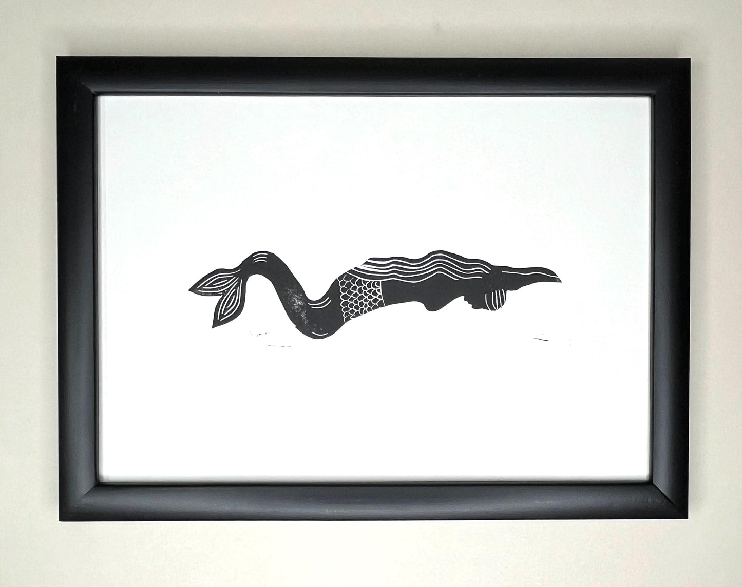 Mermaid Print - Handmade Linocut - Black - Original Handprinted design linocut print.