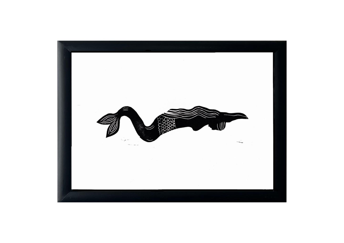 Mermaid Print - Handmade Linocut - Black - Original Handprinted design linocut print.