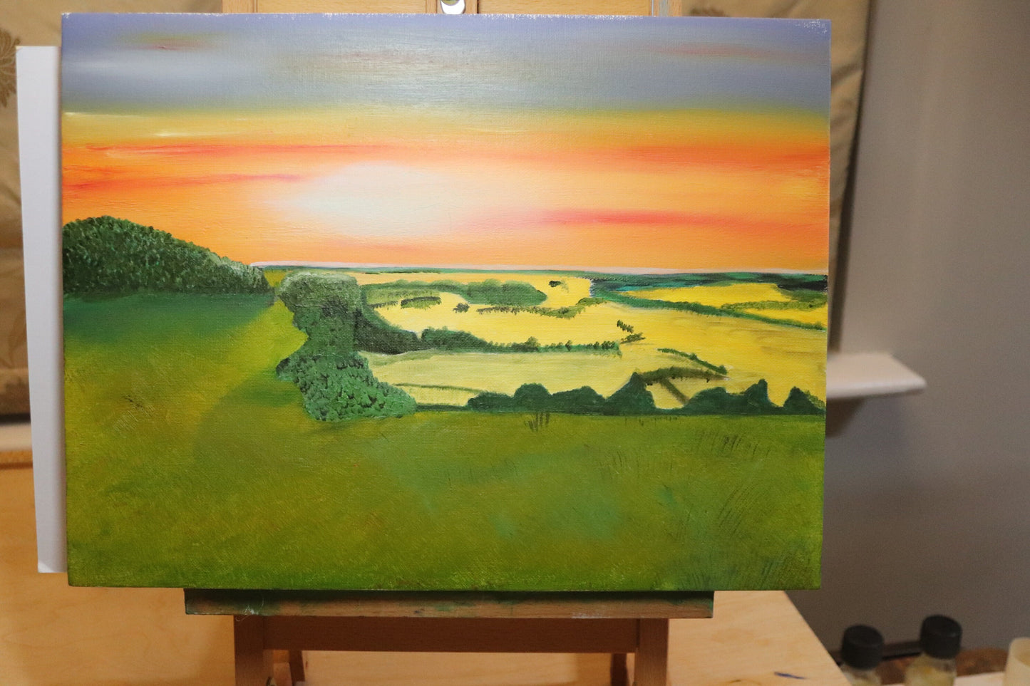 Stunning Sunset Over Farthing Common An Original Art Oil Painting On Canvas.