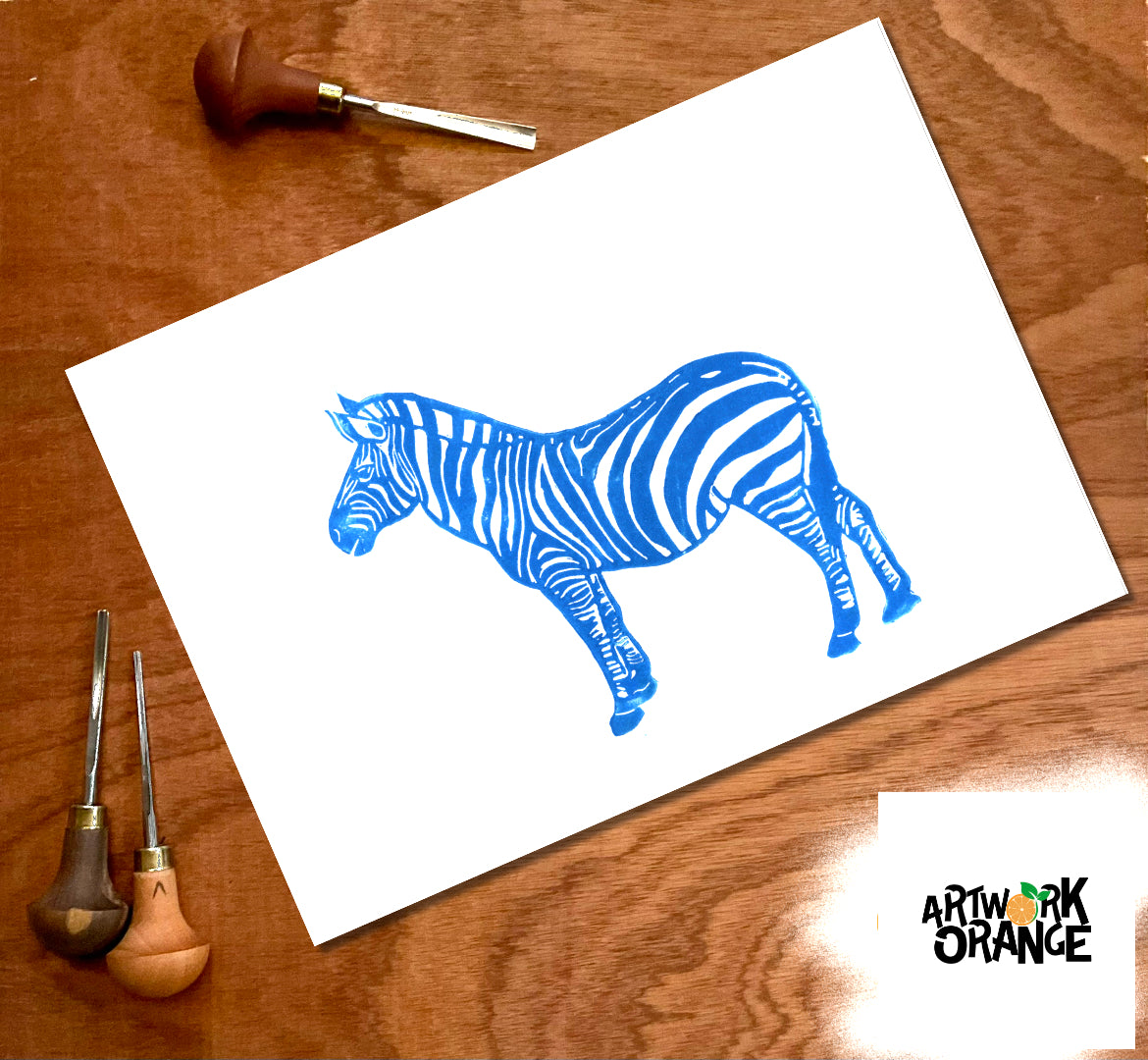 Blue Zebra Linocut Print