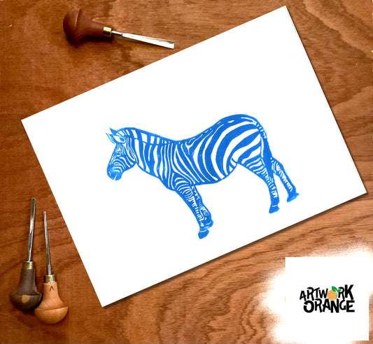 Blue Zebra Linocut Print