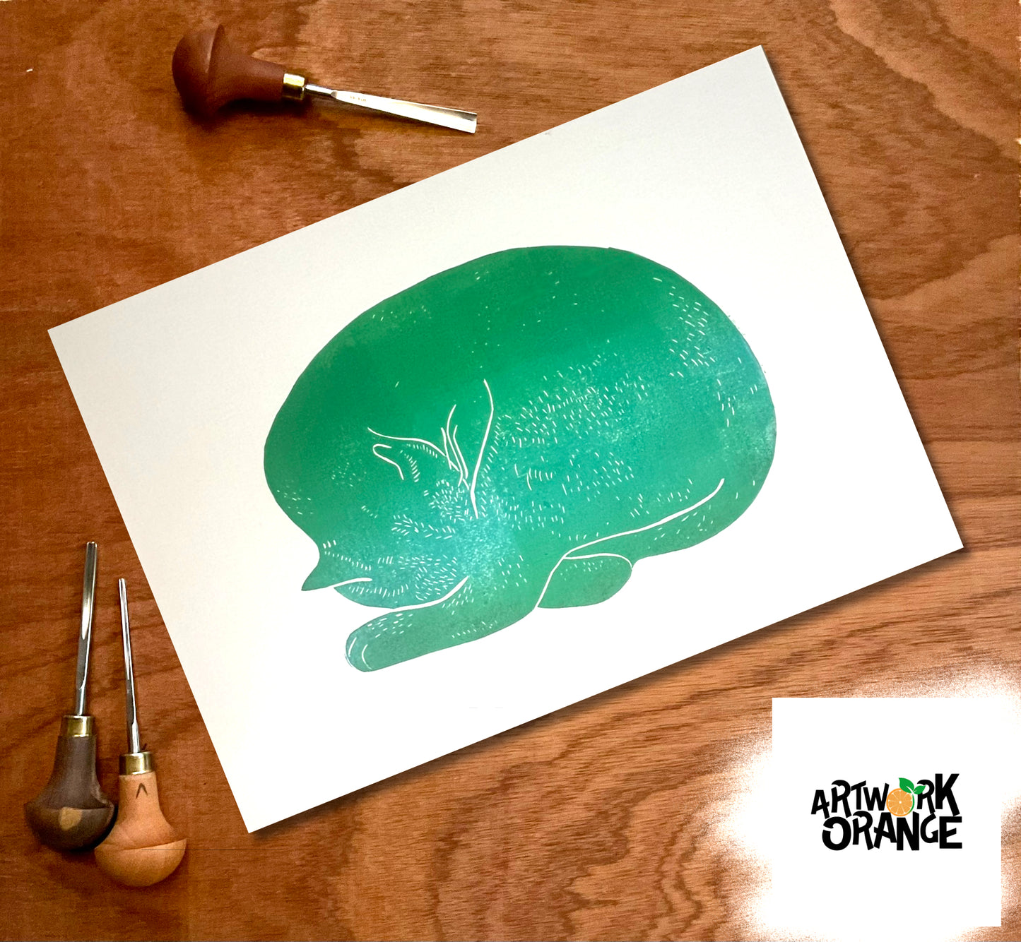 Green Cat Linocut Print