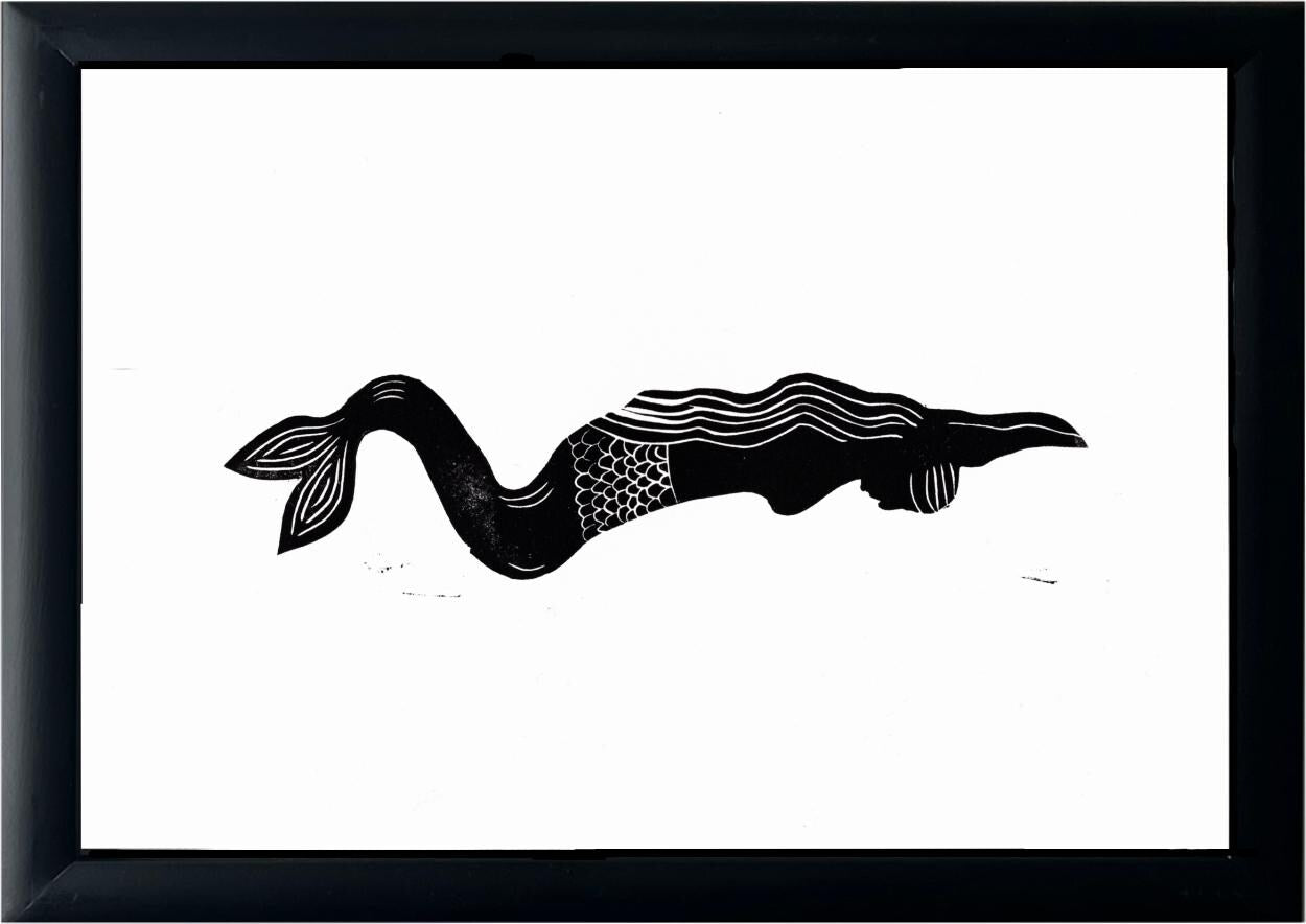 Mermaid Print - Handmade Linocut - Black - Original Handprinted design linocut print.