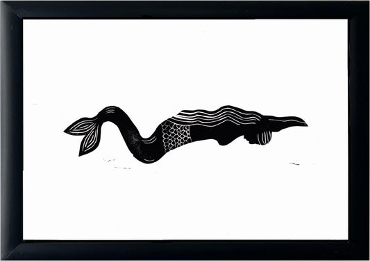 Mermaid Print - Handmade Linocut - Black - Original Handprinted design linocut print.