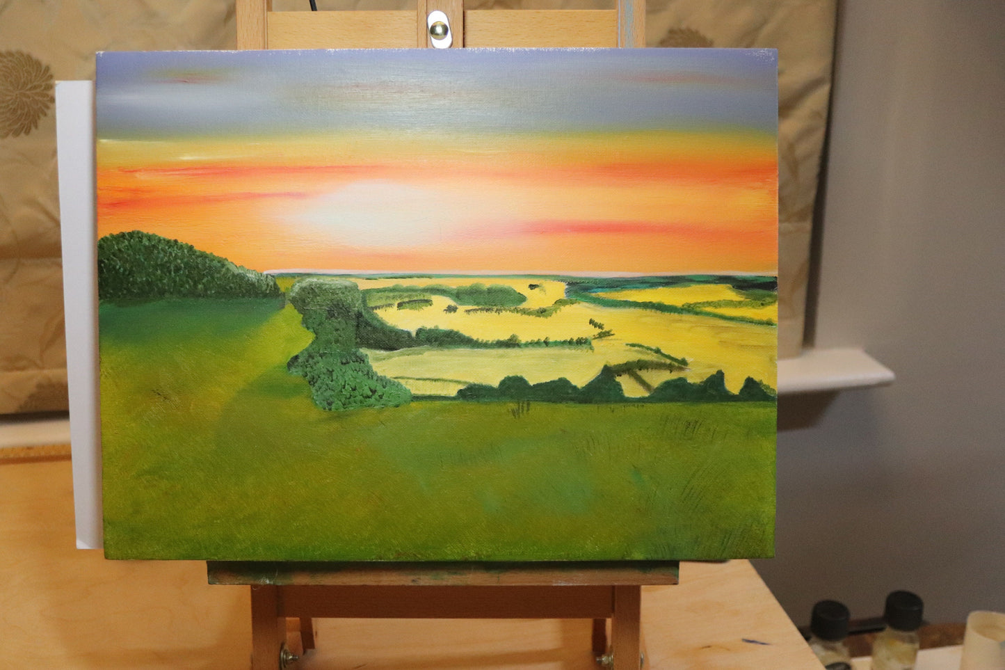 Stunning Sunset Over Farthing Common An Original Art Oil Painting On Canvas.