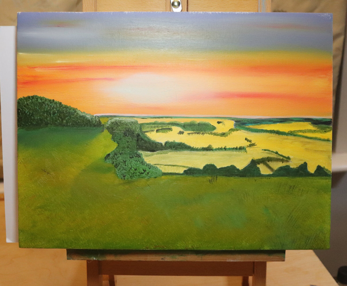 Stunning Sunset Over Farthing Common An Original Art Oil Painting On Canvas.