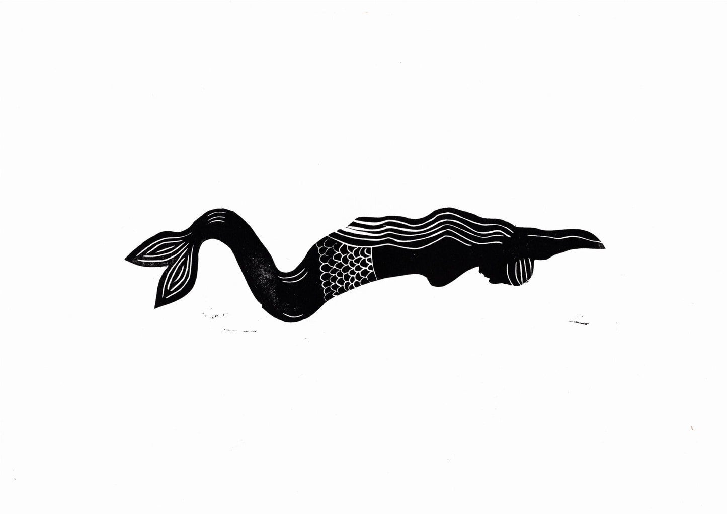 Mermaid Print - Handmade Linocut - Black - Original Handprinted design linocut print.
